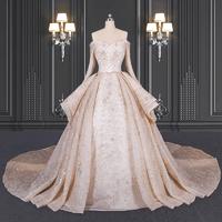 2020 ZZbridal Champagne Ruffles Wedding Dress With Shiny Lace