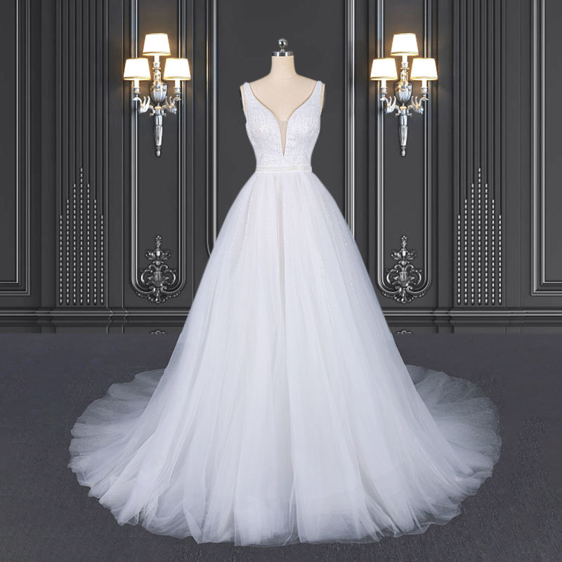 2020 ZZbridal Shiny Wedding Dress With Plunge-V Neckline And Straps
