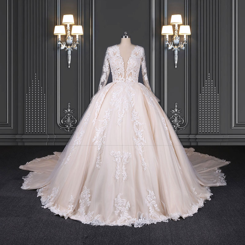 2020 ZZbridal pleated princess bridal gown with plunge-V neckline